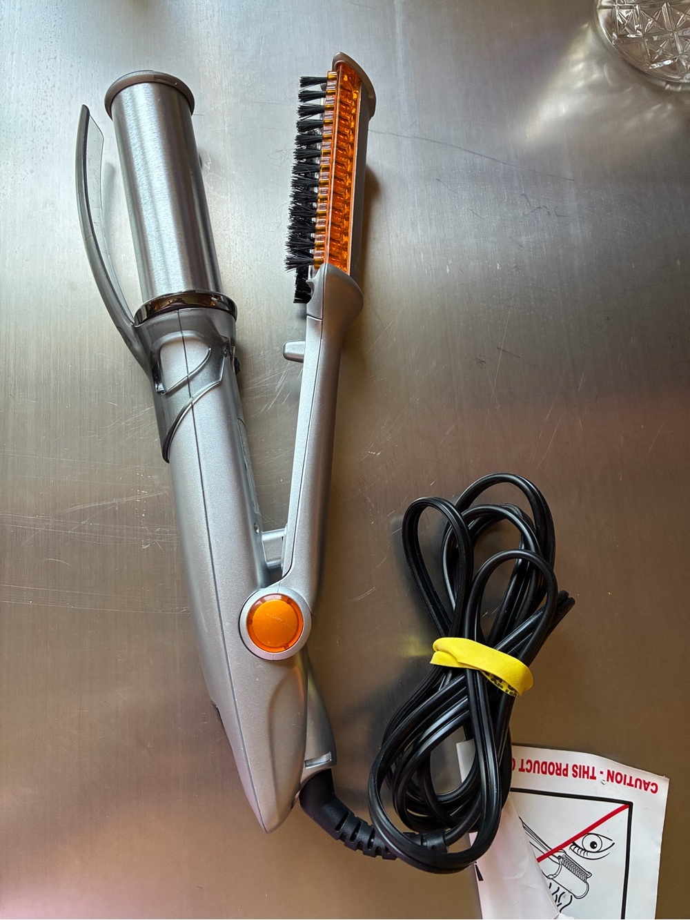 Silver and Orange 2-in-1 Hair Styling Iron with Brush Attachment